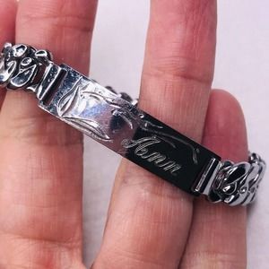 ID Bracelet Ann Engraved Silver Tone Stretch Metal Japan Vintage Etched